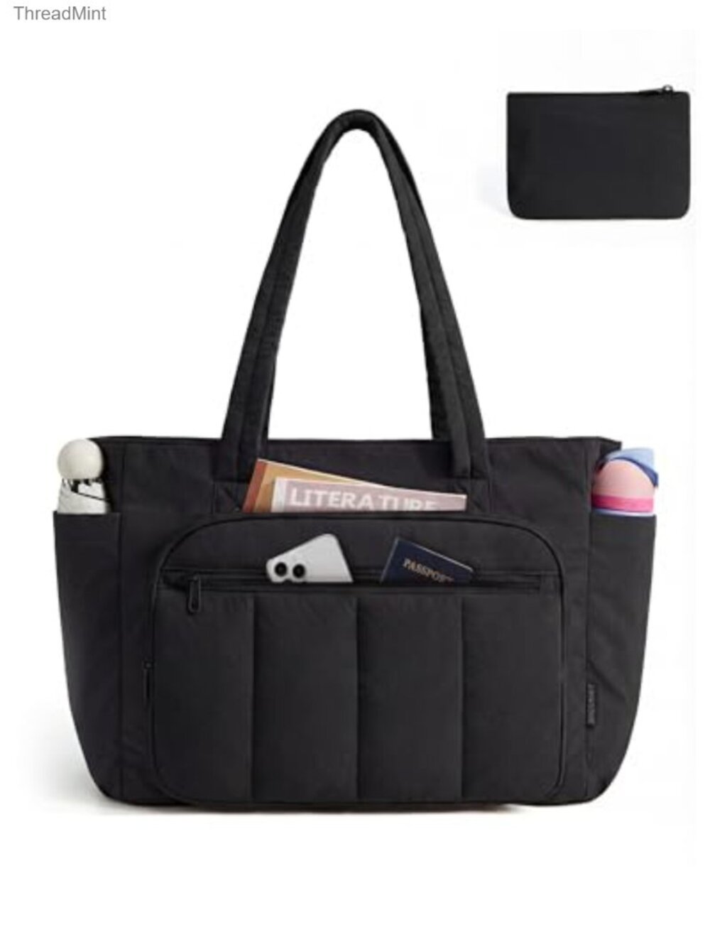 Quilted Nylon Tote Bag with Zipper, 2 Set with Cosmetic Pouch, 20L